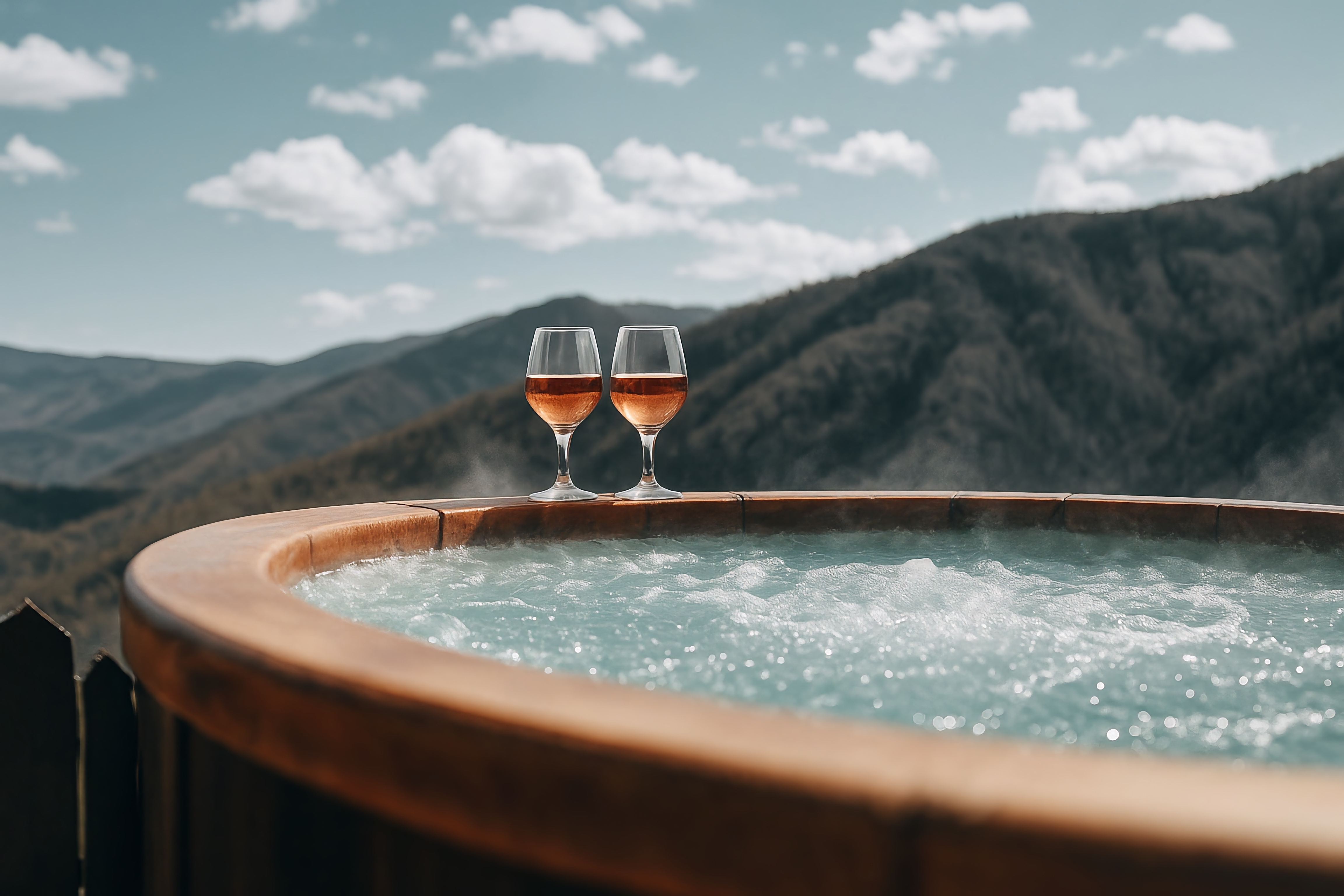 Ciubăr în aer liber cu vedere la munte / Outdoor hot tub with mountain view